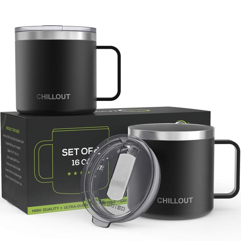CHILLOUT LIFE Stainless Steel 16 oz Vacuum Insulated Coffee Mug with Handle and Lid, Large Thermal Camping Coffee Mugs with Sliding Lid for Men & Women - Keeps your Beverages Hot/Cold, 2 Pack - Image 1